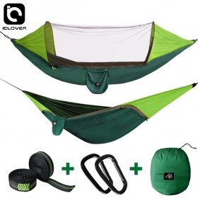 IClover Spring Outdoor Travel Camping Tent 300kg Capacity Hammock Hanging Bed with Mosquito Net, Including Straps, Carabiners, Rope & Carry Bag Green