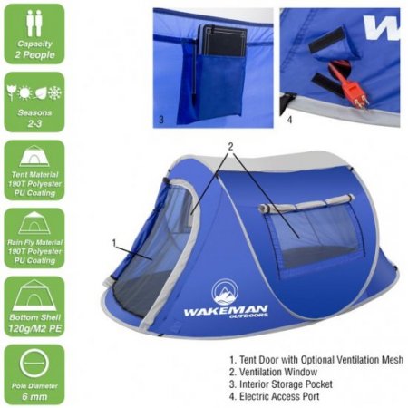 2-Person Pop-up Tent - Water-Resistant Polyester Tent for Camping and Backpacking with Rainfly, Tent Stakes, and Carry Bag - Blue, by Wakeman Outdoors