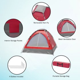 Wakeman Compact 2-Person Camping Tent with Rain Fly and Carrying Bag (Red)