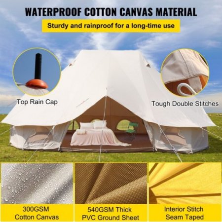 VEVORbrand Canvas Bell Tent 19.7x13.1x9.8 ft Yurt Beige Canvas Tent Cotton Glamping Tents 8-12 Person 4 Season Teepee Tent Portable for Adults Luxury Safari Tent,Family Outdoor Camping Lightweight