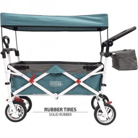 Collapsible Folding Push Pull Teal Wagon Stroller Cart, Heavy Duty Foldable Wagon Utility Cart for Garden, Camping, Grocery Cart, Beach Wagon Cart with Wheels and Rear Storage